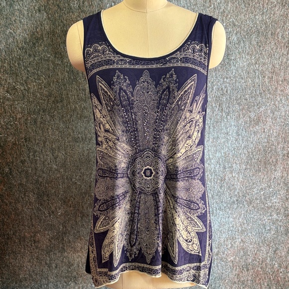 Vanilla Sugar Tops - Navy Flower Print Long Sparkle Tank Top